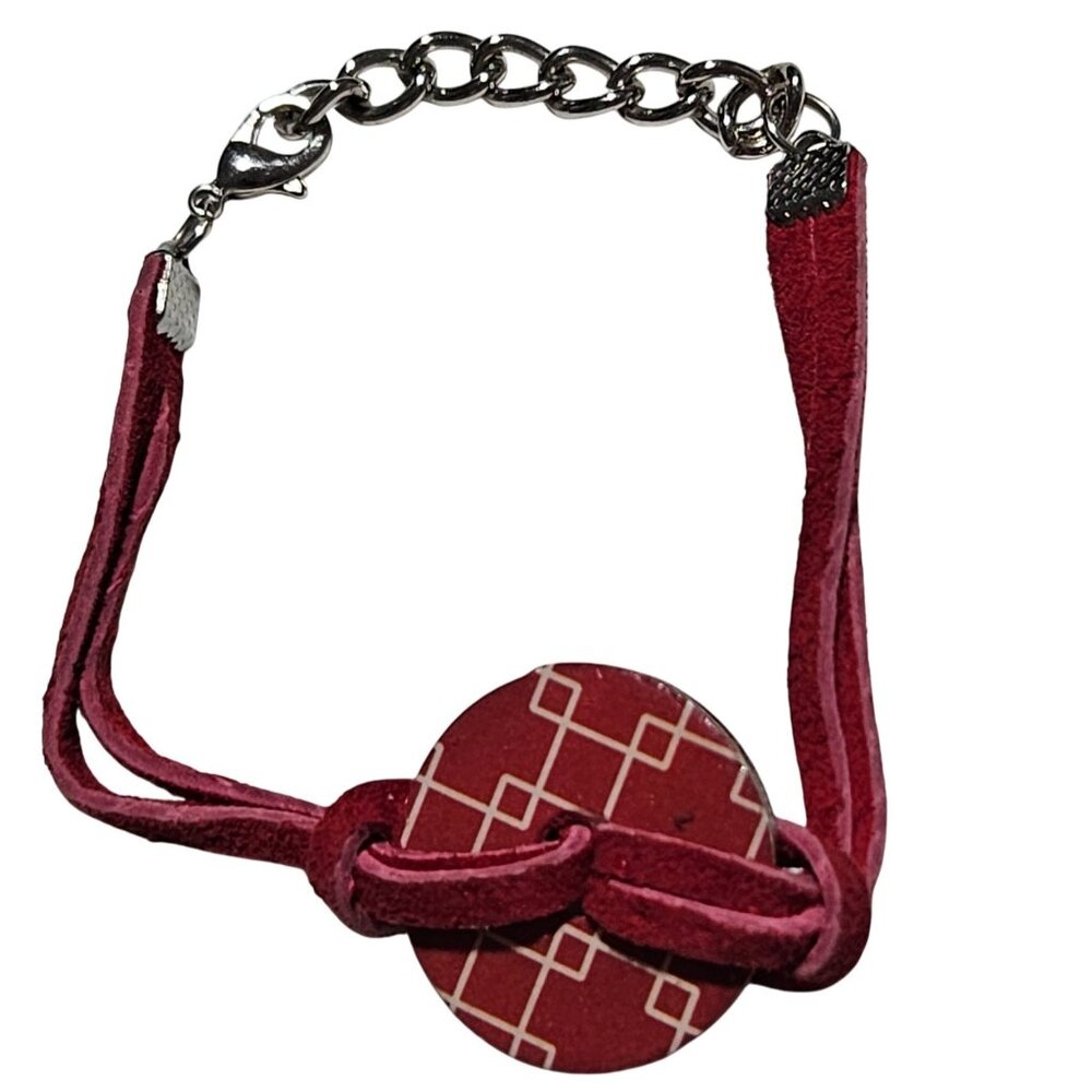 Boho Chic Red Geometric Pattern Pendant Adjustable Bracelet Suede Cord Jewelry